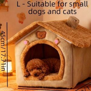 Plush Brown Pet House Bed with Roof